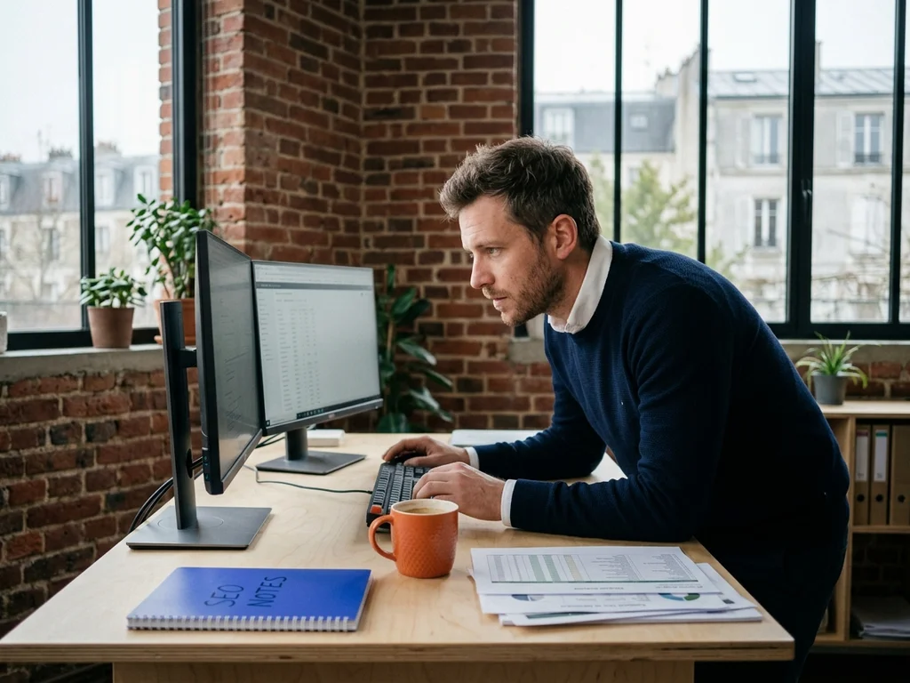 Consultant SEO analysant des données sur deux écrans dans un bureau moderne à Ivry.